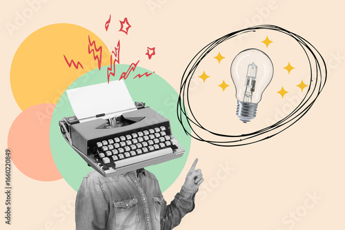 Collage of a man with a typewriter in the head, with pointing hand gesture to a lamp on a background with circles, rays and stars