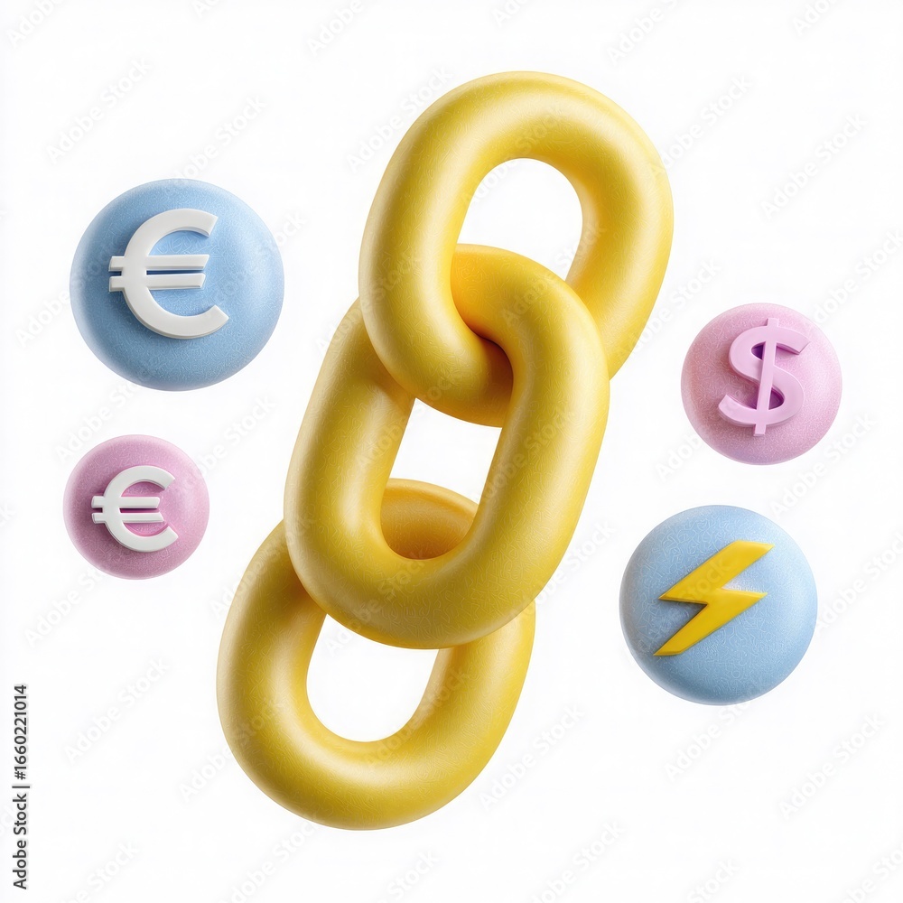 Obraz premium Chain links with currency and energy symbols Keywords: chain, links, connection, network