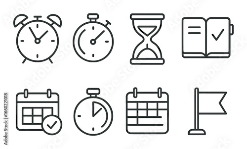 Set of dark themed icons representing clocks, calendars, hourglass, book, stopwatch, flag