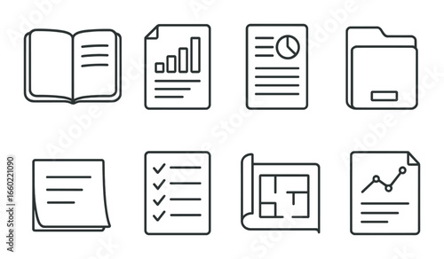 Set of eight black document and chart icons on gray background