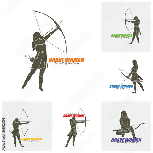 Set of Archer Logo Design Concepts Vector. Silhouette Female Archer Template Illustration