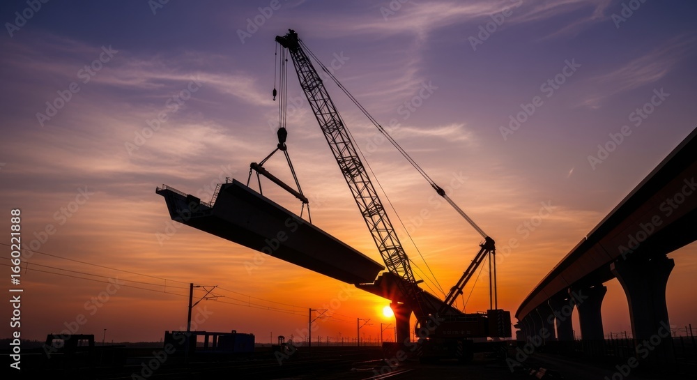 Sunset backdrop featuring a silhouetted crane lifting a highspeed rail viaduct segment illuminating the scale of modern transportation projects. Sunset backdrop featuring a silhouetted crane lifting a highspeed rail viaduct segment illuminating the scale of modern transportation projects.