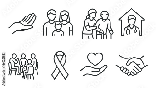 Community support and care icons: family, assistance, health, unity, compassion symbols