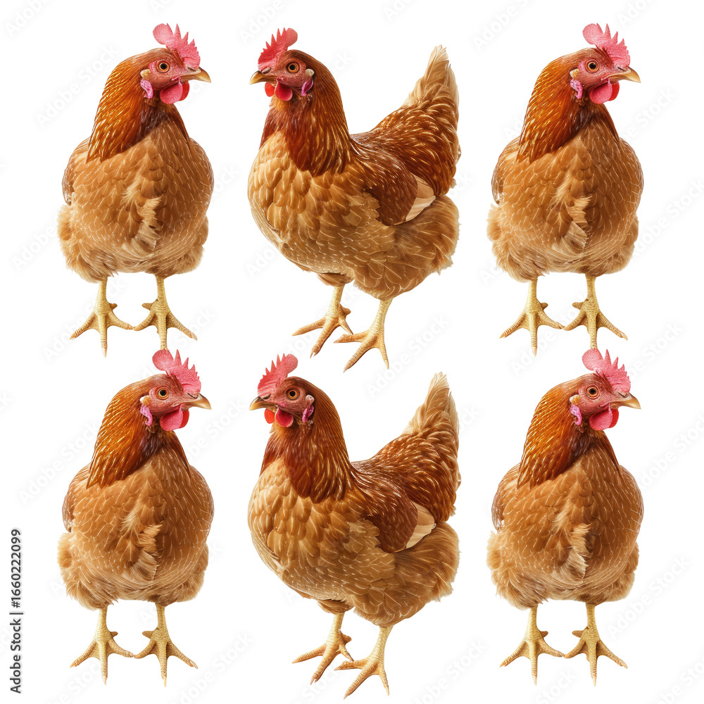 Fototapeta premium Six brown hens standing. Poultry farm theme. Isolated on black background
