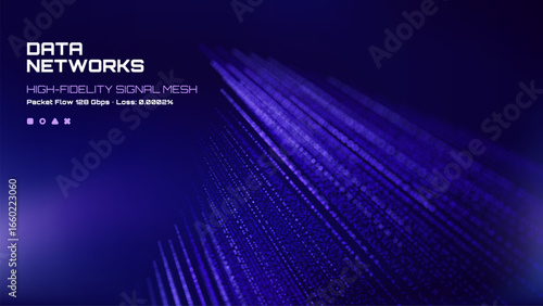 Data networks display high-fidelity signal mesh background, showing digital packet flow statistics. Information technology concept.