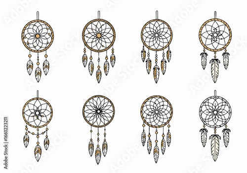 A collection of eight hand-drawn dreamcatchers with feathers and beads, in a bohemian and ethnic style vector illustration on white background.
