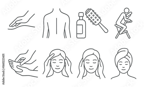Spa and massage therapy icons with relaxation and self-care symbols in gray tones