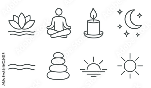 Calm and tranquility symbols: lotus, meditation, candle, moon, waves, stones, sunset, sun