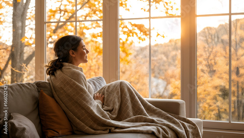 Autumn vacation at home. Home comfort. Woman relaxing at home