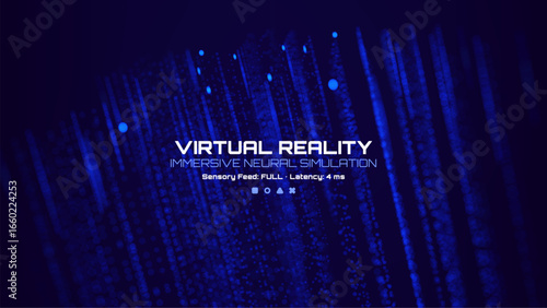 Virtual reality immersive neural simulation on a blue abstract tech vector background with connecting dots.