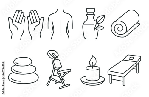 Spa and wellness icons featuring massage elements and aromatherapy accessories