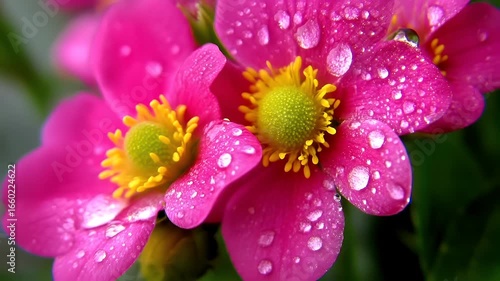 A closeup of pink flowers with water droplets on their petals. The flowers are in full bloom, with a focus on their vibrant pink petals and yellow centers. The background is blurred.