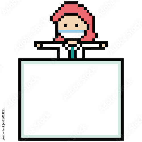 Pixel cute cartoon 8 bit character woman doctor scientist care decor pharmacist female doctor uniform blank board lady medicine hospital 8 bit woman pixel art png vector.