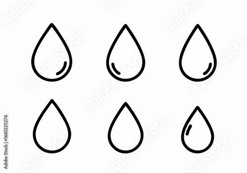 Six minimalist black outline water droplet icons, symbolizing hydration, purity, and liquid concepts on a clean white background.
