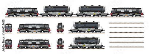 Commuter locomotive carriage train chemicals liquid tanker filled with toxic waste radioactive biological hazard realistic model highly detailed flat vector set illustration