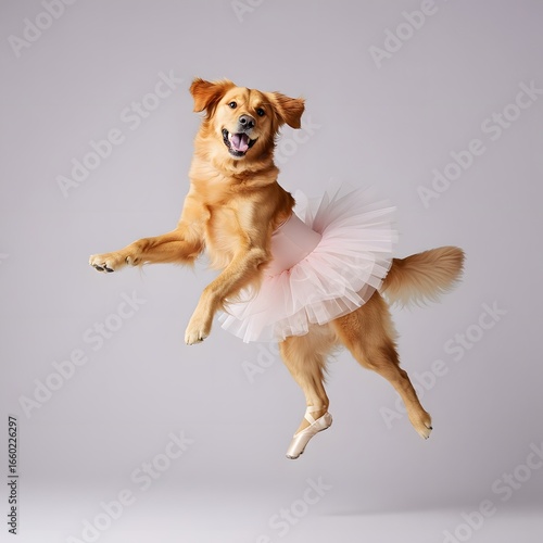 Hilarious golden retriever leaps gracefully wearing a pink tutu and ballet shoes, guaranteed to make you smile