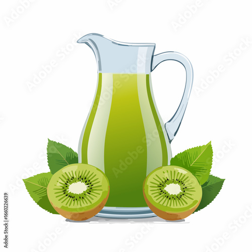 Green Kiwi Juice in Glass Pitcher with Fresh Kiwi Fruit and Leaves