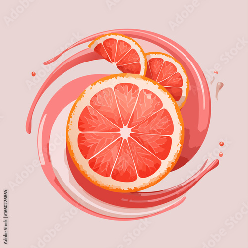 Pink and Red Grapefruit Slices in a Swirling Juice Splash