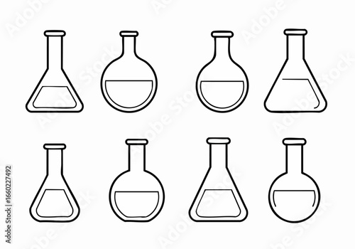 Collection of line art icons depicting various laboratory flasks filled with liquid, illustrating chemistry and science concepts.