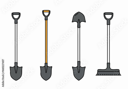Collection of various essential gardening and construction hand tools, including different types of shovels, a spade, and a soil rake.
