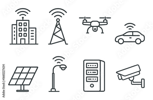Smart city technology icons: building, antenna, drone, car, solar panel, lamp, server, cctv