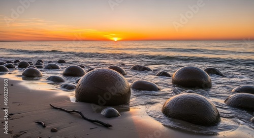 Fototapeta Naklejka Na Ścianę i Meble -  Sunset over Baltic Sea boulders: coastal landscape at dawn, serene scene