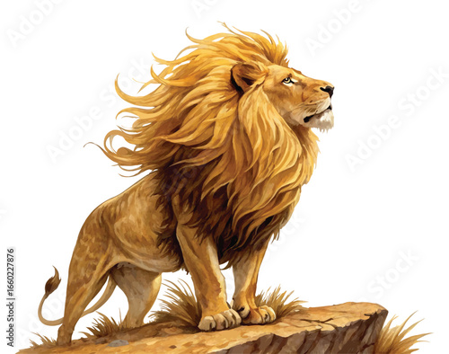 A majestic lion standing atop a rocky outcrop.