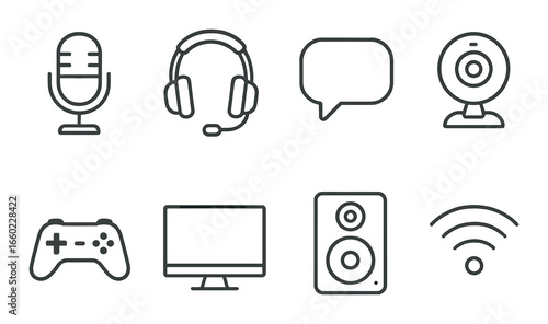 Icon set featuring microphone headset chat camera controller monitor speaker wifi symbols