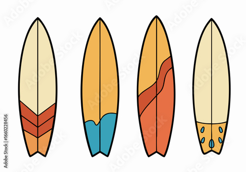 Retro-Inspired Surfboards Collection: Four Colorful Beach Sport Boards Isolated on White