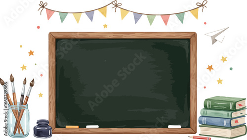 Back to school chalkboard with art supplies books