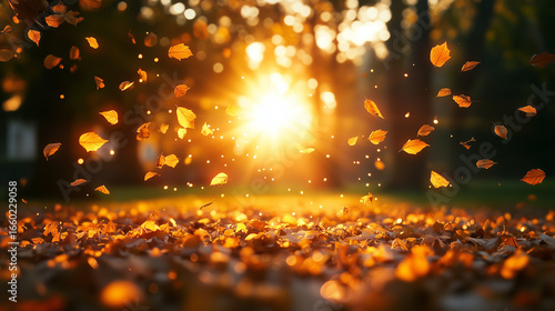 Golden autumn leaves are falling gracefully onto the forest ground, illuminated by a warm, radiant sun shining brightly through the trees.