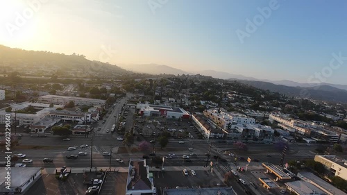 Los Angeles Golden Hour Drone Shot — Cinematic Aerial of Residential Suburbs, San Gabriel Mountains, and Freeway