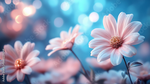Soft pink flowers gently bloom against a dreamy blue and pink bokeh background, creating a serene and beautiful natural scene.