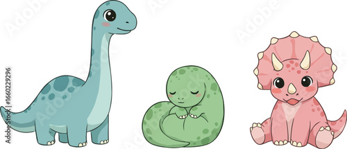 Cute cartoon dinosaurs brontosaurus egg triceratops