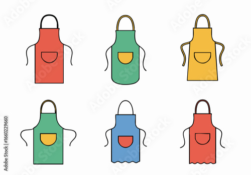 Collection of Colorful Cartoon Aprons with Pockets, Isolated on White Background, Representing Kitchen, Culinary, and Home Activities