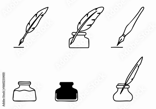 Collection of vintage writing tools icons featuring quill pens, dip pens, and inkwells in a clean line art style, perfect for historical or literary themes.
