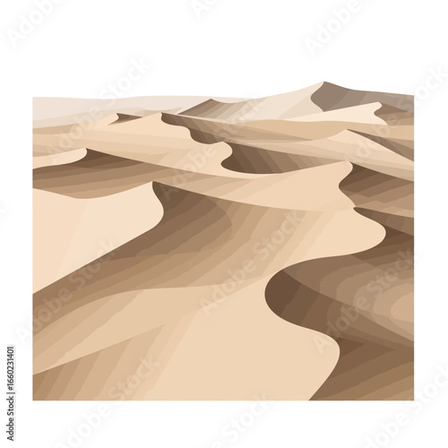 Desert landscape with rolling sand dunes under a pale sky
