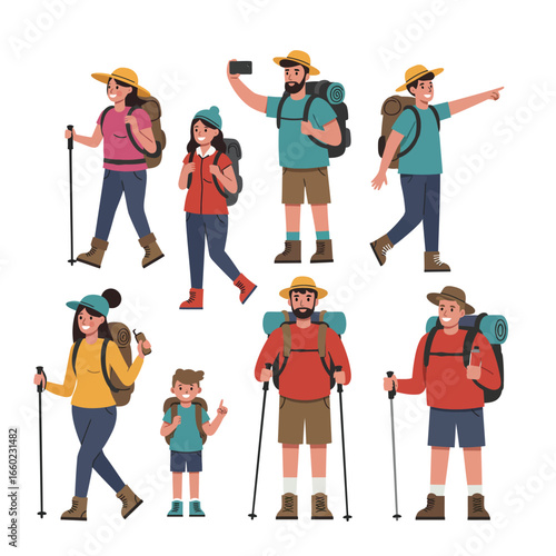 Diverse group of hikers with backpacks and trekking poles