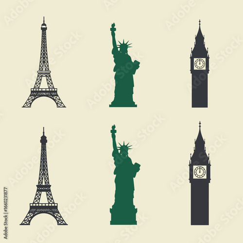 Famous Landmarks Silhouettes Eiffel Tower Statue of Liberty Big Ben