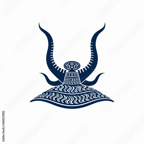 An ornate blue warrior helmet featuring large curved horns and intricate tribal patterns, a powerful fantasy or mythological artifact for game and character design.
