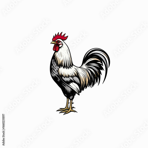 A highly detailed and realistic illustration of a majestic rooster, showcasing its vibrant plumage and proud stance, isolated on a clean white background.
