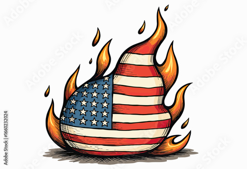A powerful and provocative illustration of a burning American flag, a bold artistic statement symbolizing political protest, social unrest, and intense passion.
