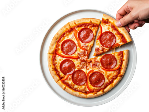 Delicious Peperoni pizza. Photo top view on a white background.
