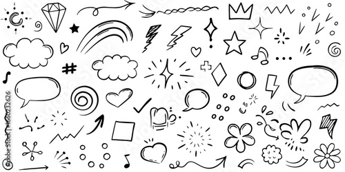 Collection of hand drawn doodle elements with arrows stars clouds and hearts