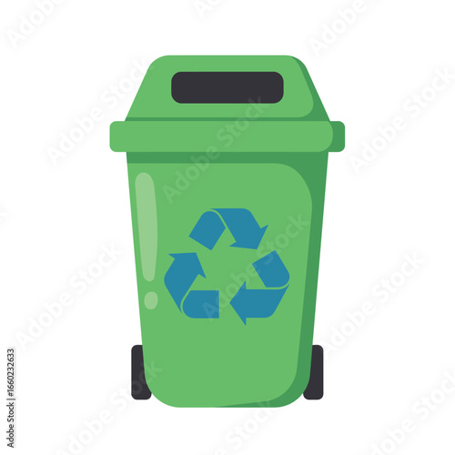 Green recycling bin with recycling symbol on white background