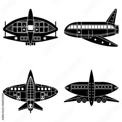 Four different views of a futuristic airplane design in black and white illustration style