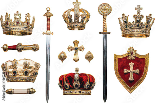 Collection of Royal Regalia Including Crowns Swords and Shield on White Background Keywords: crown, royal, regalia, king, queen, monarchy, imperial