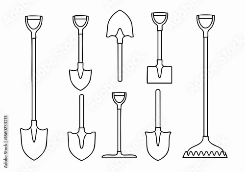 Outline Collection of Various Shovels, Spades, and Gardening Tools for Digging and Construction Work, Black and White Line Art Design
