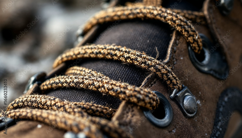 Fototapeta premium Close-up of a mountaineering boot lace highlighting texture, durability, and ruggedness. 