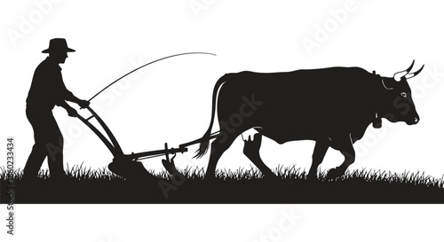 Black and white illustration of a landscaper mowing tall grass with a push lawnmower, showcasing a strong silhouette style and hardworking mood.